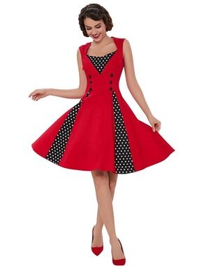Killreal 50s-Inspired Rockabilly Retro Pinup Style Midi Dress, Polkadots Size M